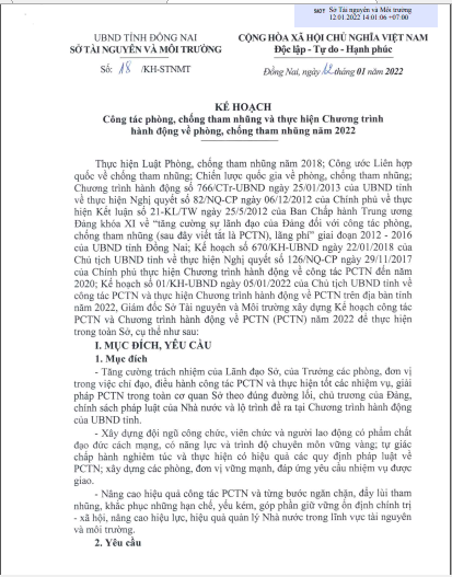 Kế hoạch công tác phòng chống tham nhũng và thực hiện chương trình hành động về phòng chống tham nhũng năm 2022
