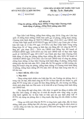 Kế hoạch công tác phòng, chống tham nhũng và thực hiện Chương trình hành động về phòng, chống tham nhũng năm 2021