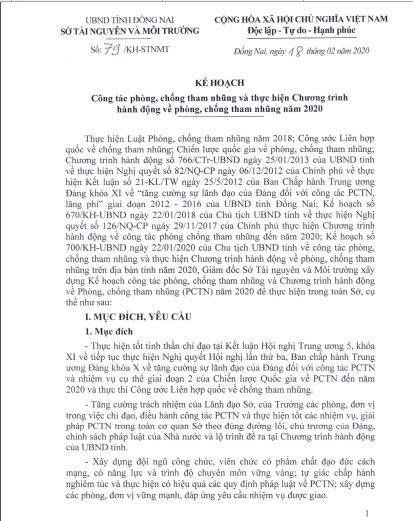 Kế hoạch công tác phòng, chống tham nhũng và thực hiện Chương trình hành động về phòng, chống tham nhũng năm 2020