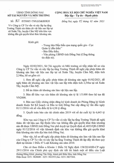 VỀ việc công ty cổ phần tư vấn và xây lắp hạ tầng Trường Thịnh xin thăm dò vật liệu san lắp tại xã Xuân Tây, huyện Cẩm Mỹ trên khu vức không đấu giá quyền khai thác khoáng sản