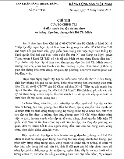 Chỉ thị 05-CT/TW ngày 15/5/2016 Chỉ thị của Bộ Chính trị về đẩy mạnh học tập và làm theo tư tưởng, đạo đức, phong cách Hồ Chí Minh