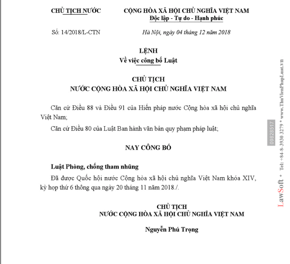 Lệnh 14/2018/L-CTN ngày 4/12/2018 Lênh công bố Luật Phòng chống, tham nhũng